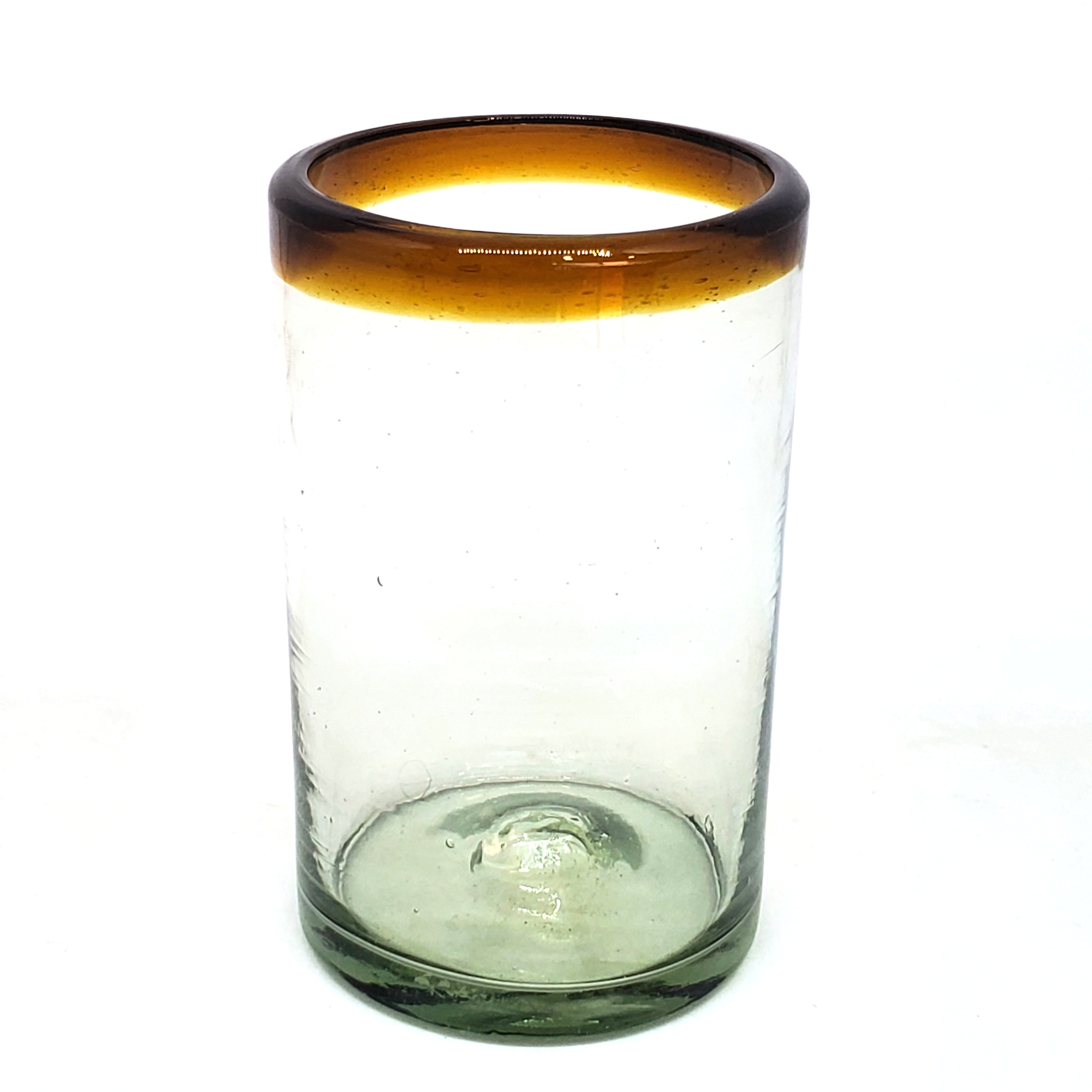 VIDRIO SOPLADO / vasos grandes con borde color mbar, 14 oz, Vidrio Reciclado, Libre de Plomo y Toxinas